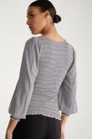 Striped Puffy Sleeve Top With Ruched Body