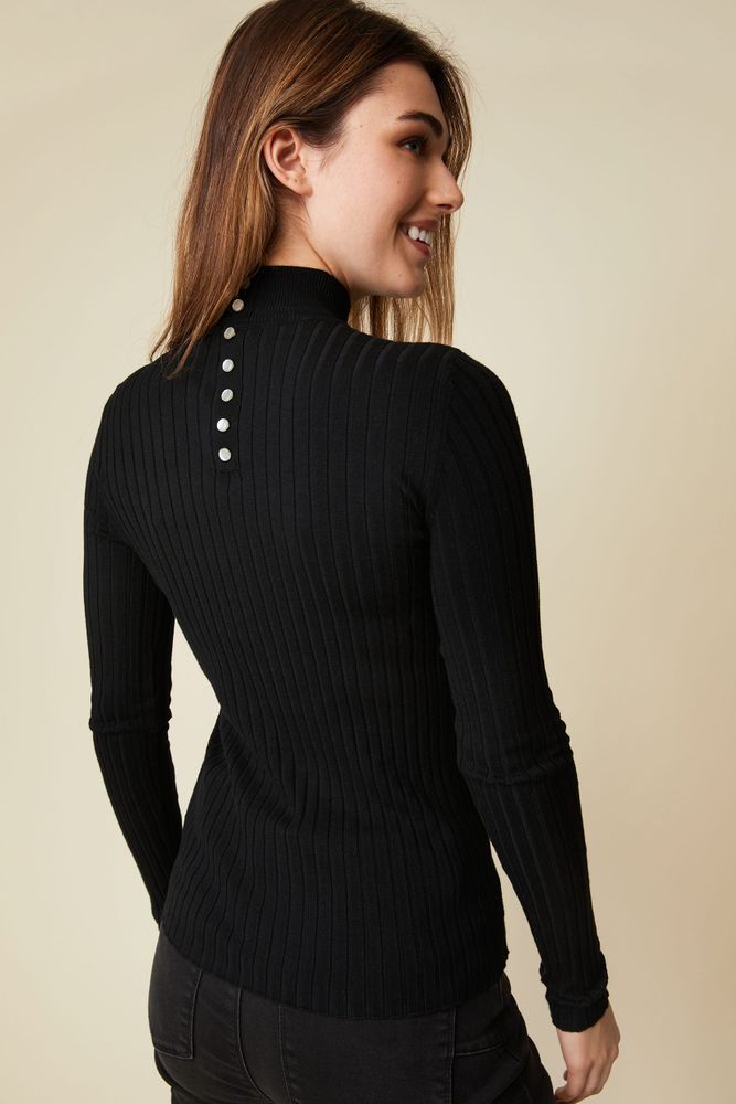 Mock Neck Rib Top With Placket At Back