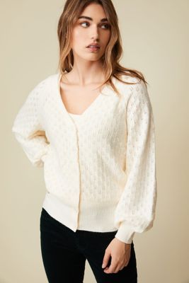 Pointelle Cardigan With Puffy Sleeves