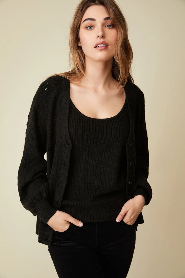 Pointelle Cardigan With Puffy Sleeves