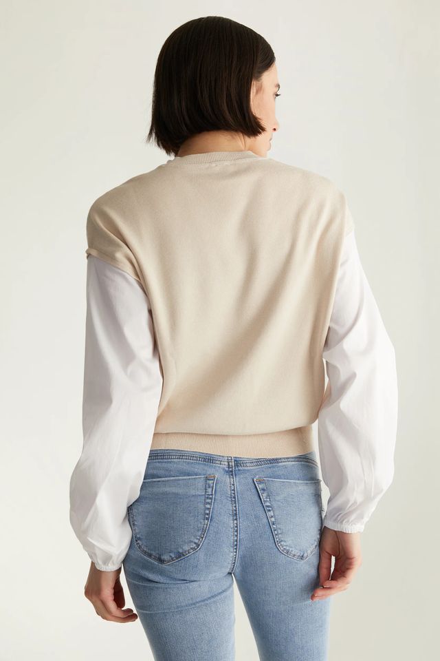 Knitted Sweater With Woven Puffy Sleeves