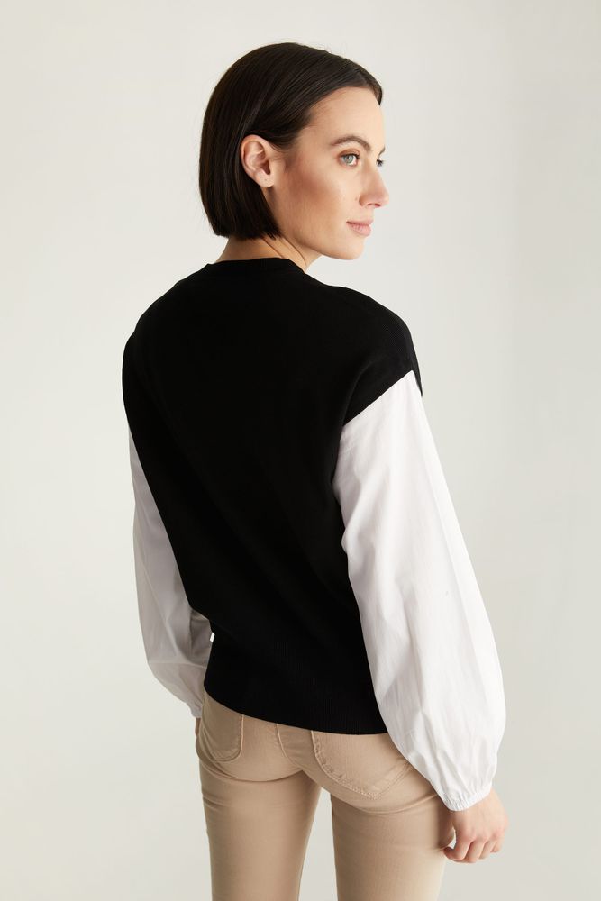 Knitted Sweater With Woven Puffy Sleeves