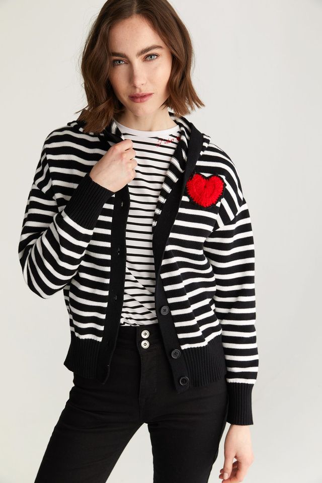 Hooded Striped Cardigan With Heart