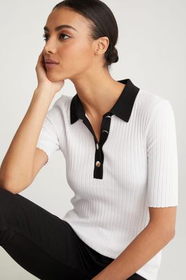 Short Sleeve Ribbed Top With Polo Collar