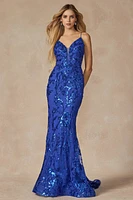 Sequin lace embellishments fitted prom gown