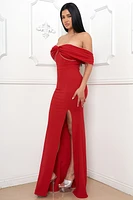 PLEATED OFF TEH SHOULDER MAXI DRESS