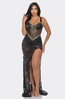 SATIN BUSTIER SEQUIN MAXI DRESS