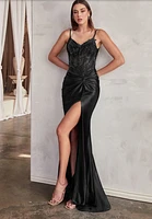 FITTED SATIN GOWN WITH EMBELLISHED BODICE