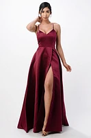 open side back spaghetti zig zag tie satin gown