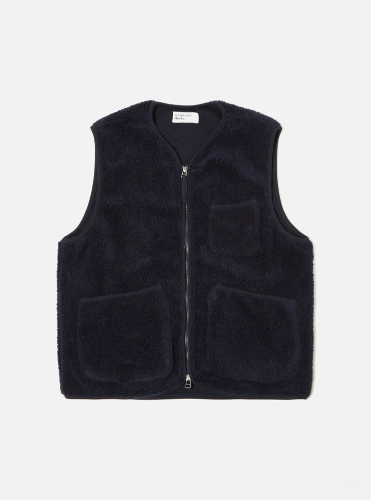 Universal Works Zip Gilet Navy Mountain Fleece