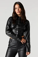 Faux Leather Corset Button-Up Top