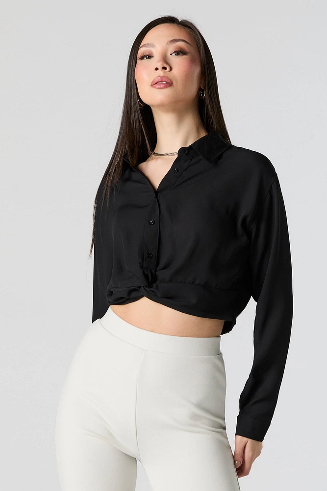 Twist Hem Button-Up Long Sleeve Top