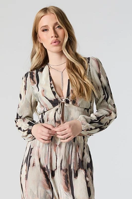 Textured Abstract Print Front Tie Long Sleeve Top
