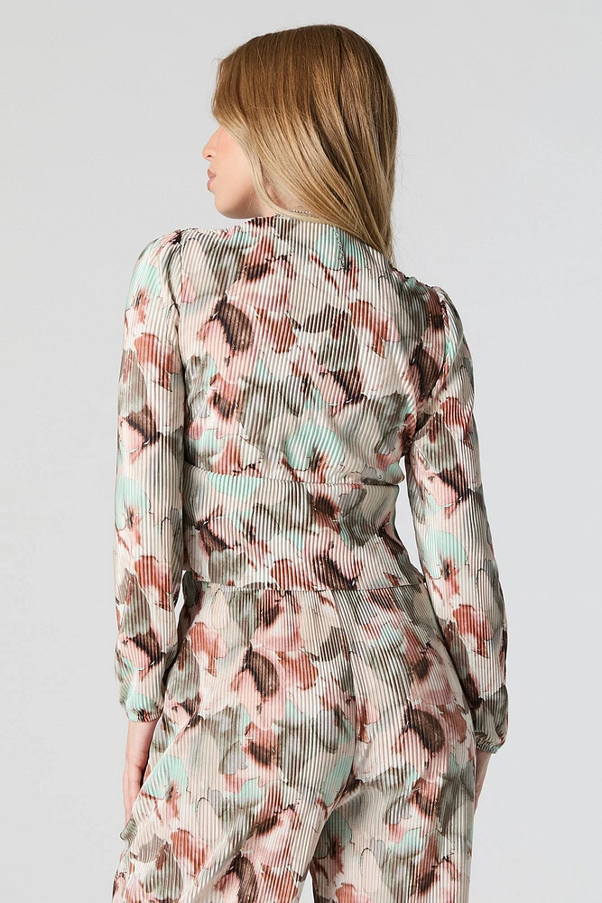 Textured Floral Print Front Tie Long Sleeve Top