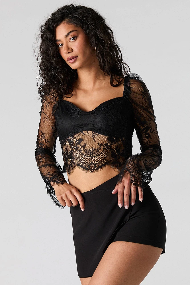 Floral Lace Sweetheart Long Sleeve Crop Top