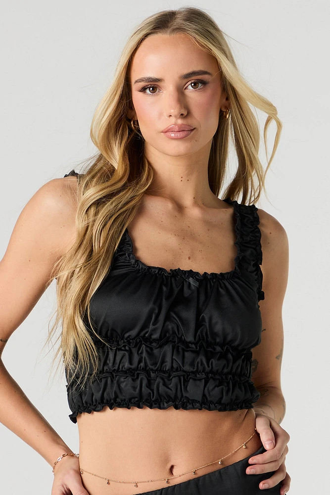 Satin Ruffled Cropped Tank