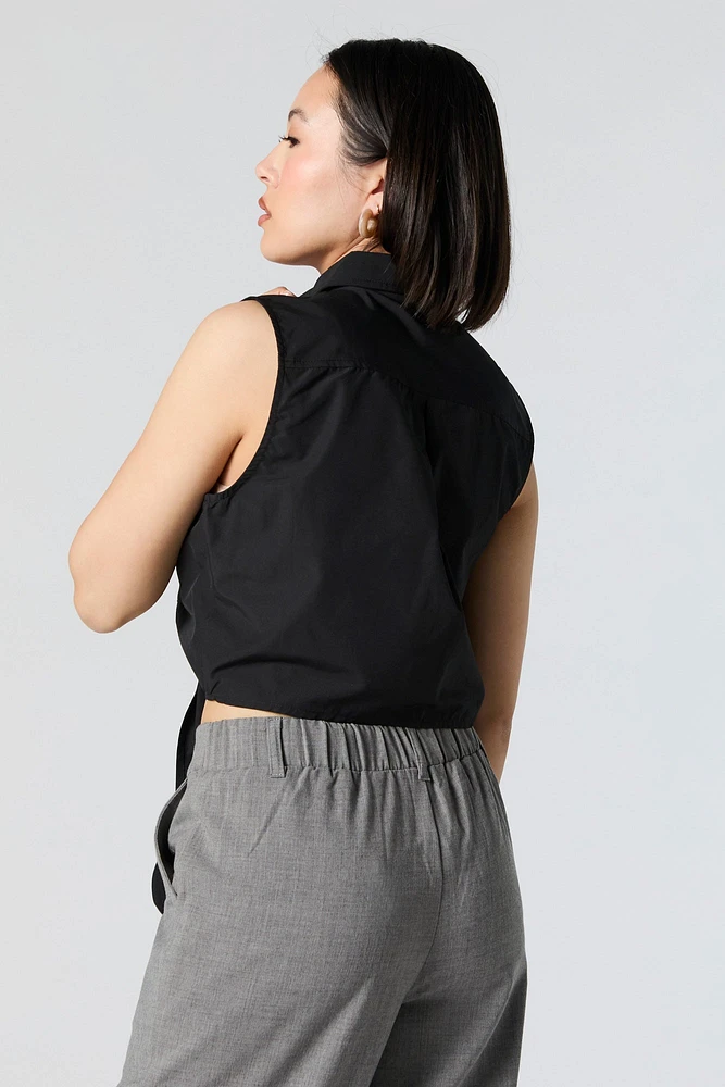 Tie Front Sleeveless Button-Up Crop Top