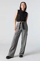 Tie Front Sleeveless Button-Up Crop Top