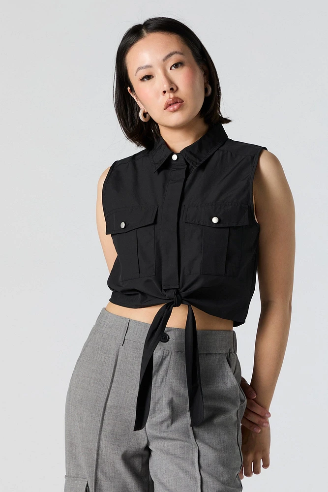 Tie Front Sleeveless Button-Up Crop Top