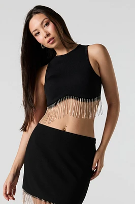 Ribbed Rhinestone Fringe Cropped Tank