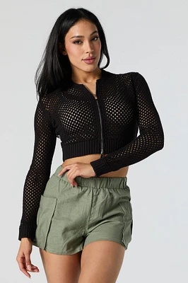 Open Knit Zip-Up Cropped Sweater