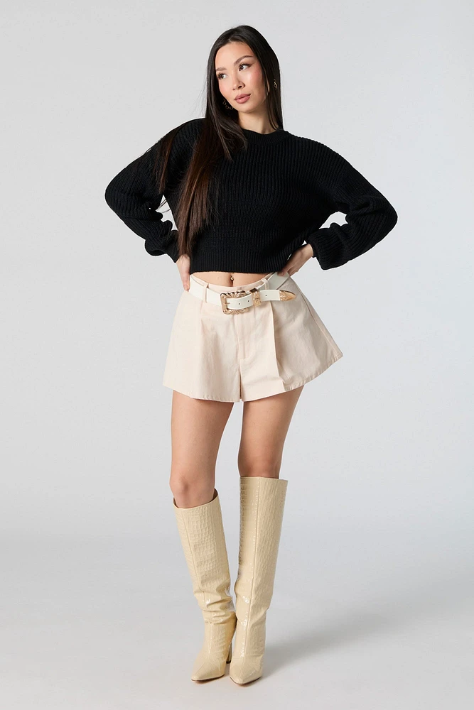 Solid Knit Crewneck Cropped Sweater