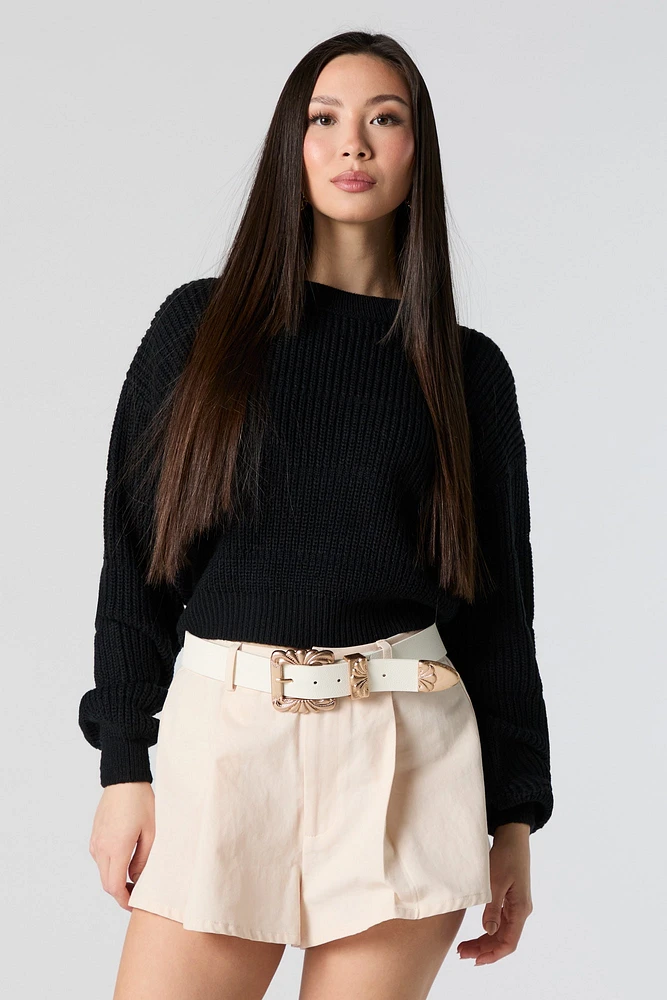 Solid Knit Crewneck Cropped Sweater