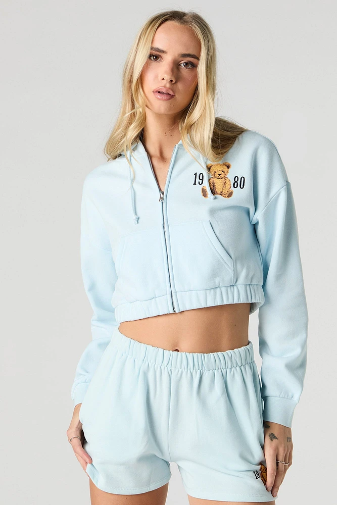 Embroidered Cropped Fleece Zip-Up Hoodie
