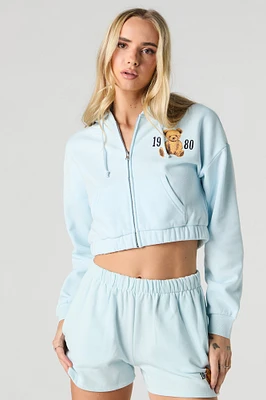 Embroidered Cropped Fleece Zip-Up Hoodie