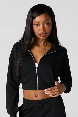 Solid Fleece Zip-Up Cropped Hoodie