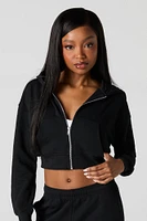 Solid Fleece Zip-Up Cropped Hoodie