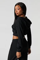 Solid Fleece Zip-Up Cropped Hoodie