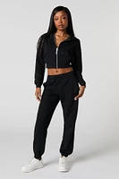 Solid Fleece Zip-Up Cropped Hoodie