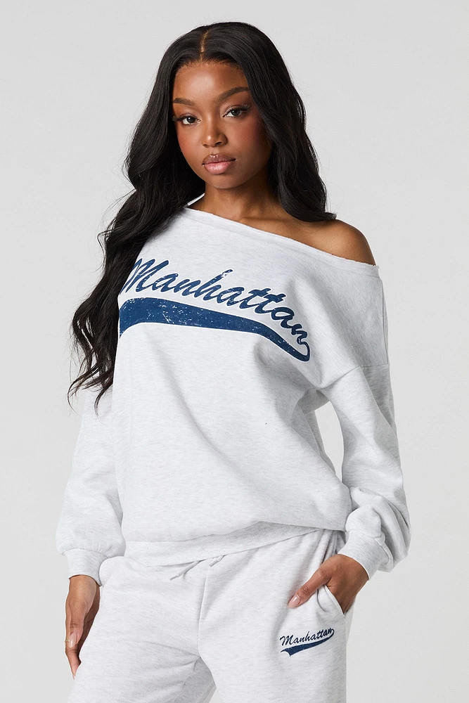 Manhattan Graphic Off Shoulder Fleece Sweatshirt