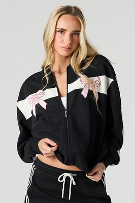 Bow Embroidered Fleece Zip-Up Sweatshirt