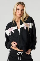 Bow Embroidered Fleece Zip-Up Sweatshirt
