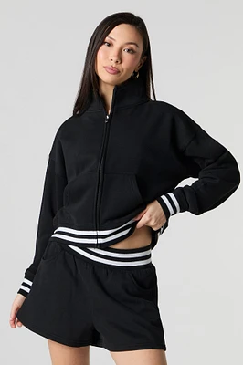 Active Striped Trim Zip-Up Fleece Sweatshirt