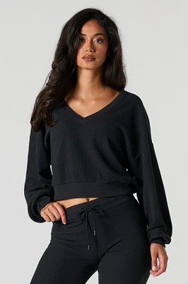 Waffle Knit Cropped V-Neck Sweater