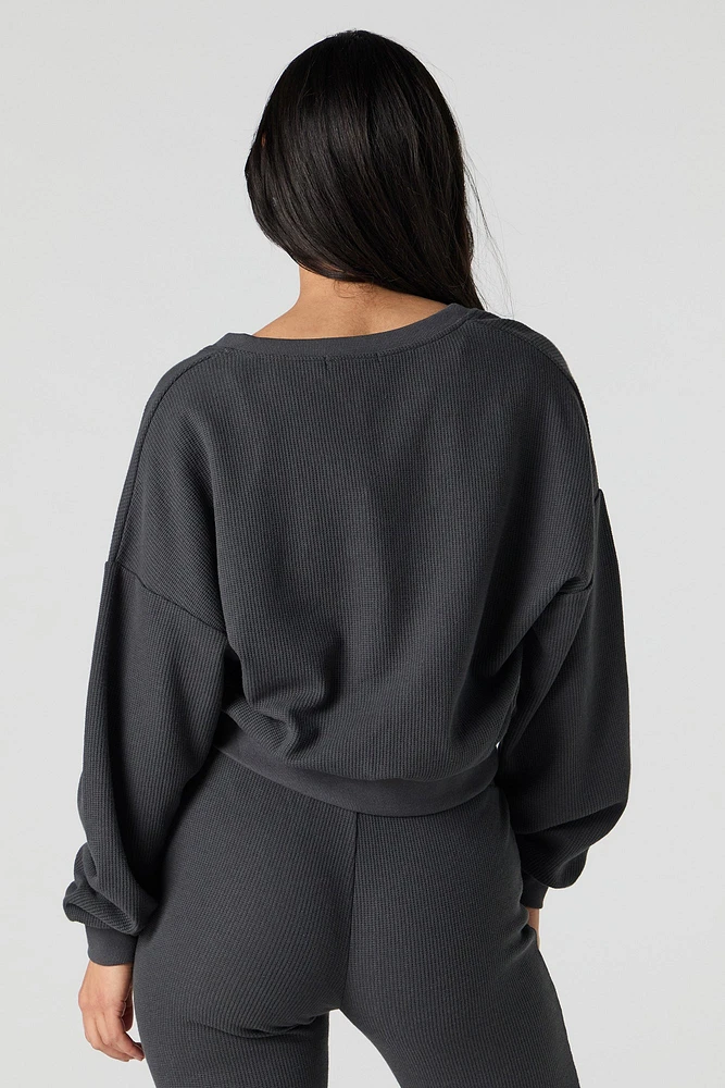 Waffle Knit V-Neck Sweatshirt