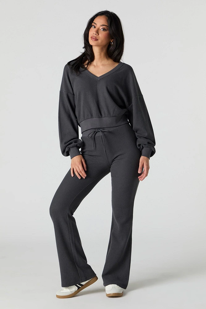 Waffle Knit V-Neck Sweatshirt