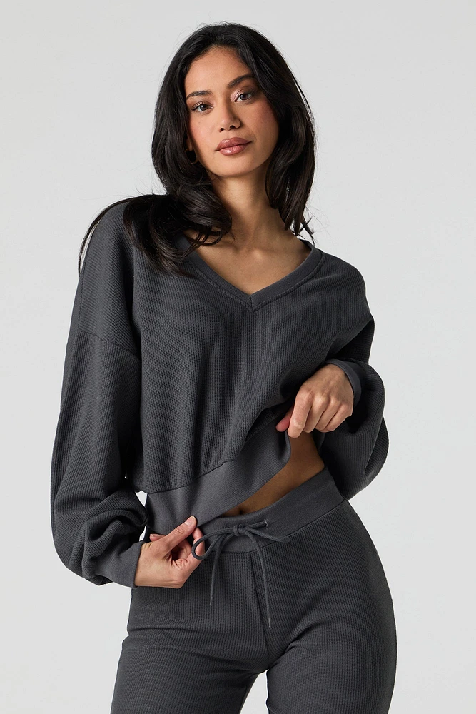 Waffle Knit V-Neck Sweatshirt