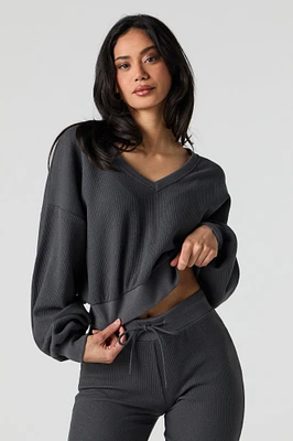 Waffle Knit V-Neck Sweatshirt