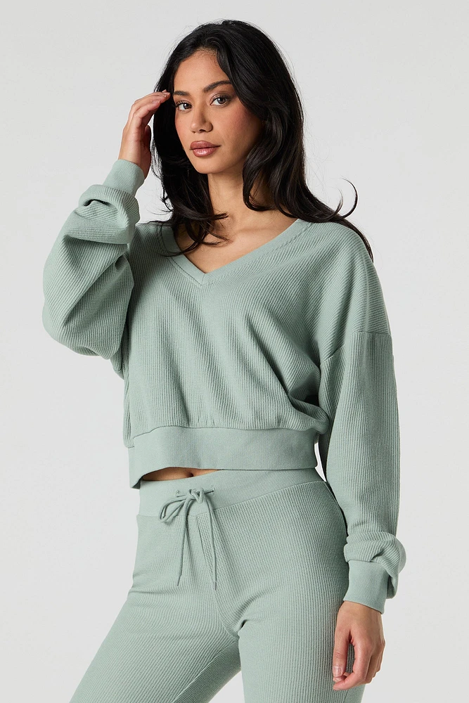 Waffle Knit V-Neck Sweatshirt