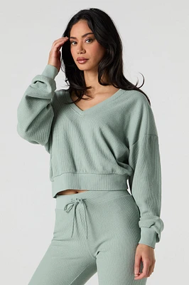 Waffle Knit V-Neck Sweatshirt