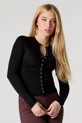 Button Front Cinched Long Sleeve Top