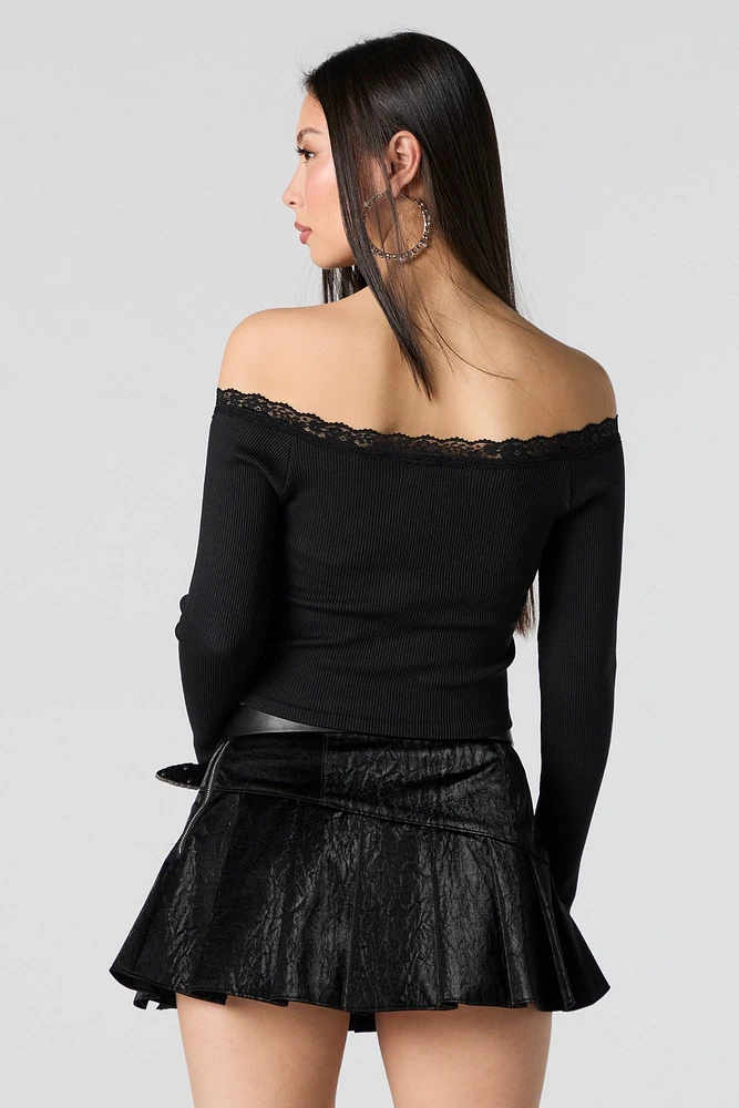 Ribbed Lace Trim Off Shoulder Long Sleeve Top