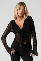 Ruffled Lace Long Sleeve Flyaway Top