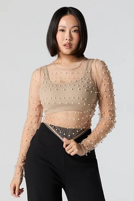 Faux Pearl Mesh Long Sleeve Crop Top