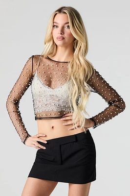 Sheer Mesh Faux Pearl Long Sleeve Top