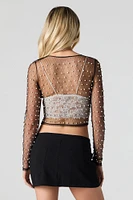 Sheer Mesh Faux Pearl Long Sleeve Top